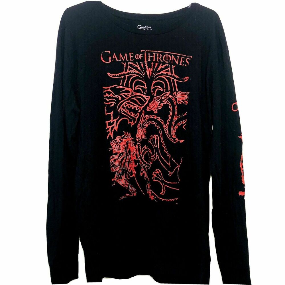 Game of Thrones Long Sleeve T Shirt Black Red Targaryen Dragons Size L EUC